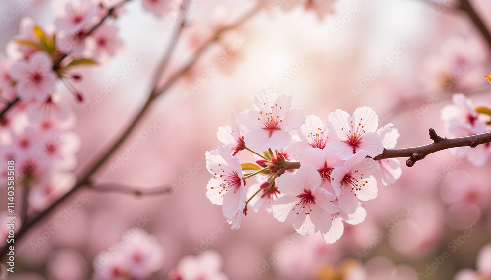 Blooming Cherry Blossom Branch with Pink Flowers Against a Soft Focus Background Blooming Cherry Blossom Branch with Pink Flowers Against a Soft Focus Background