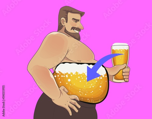 Big man drinks beer. Alcohol belly. The harm of alcohol.  Social illustration. Healthcare illustration. Vector illustration.