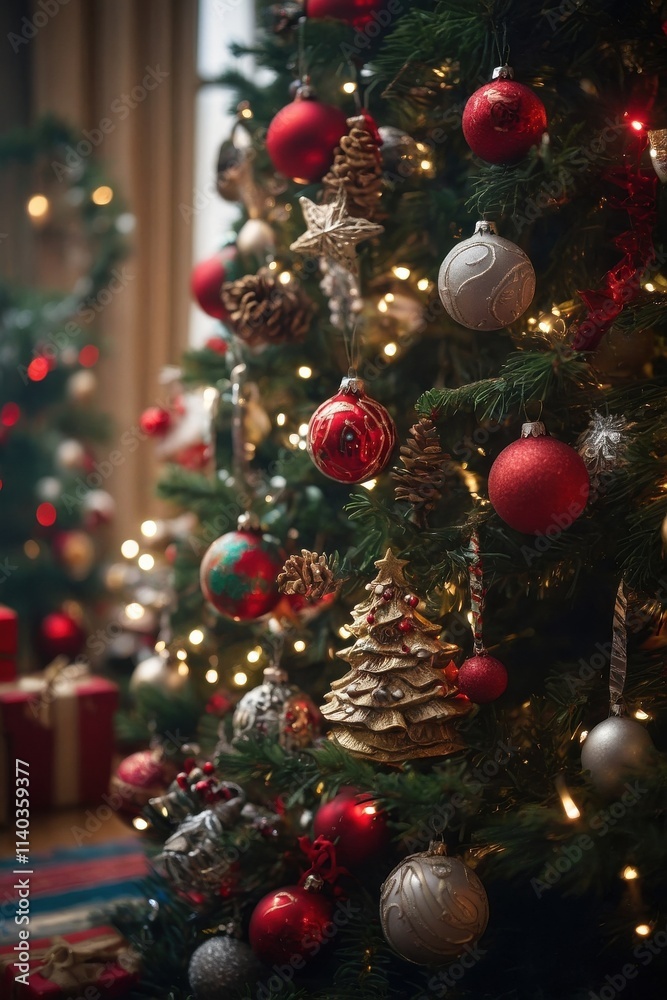 holiday tree with decorations up close holiday tree with decorations up close