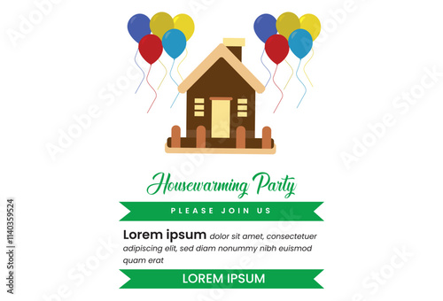 Housewarming Party Invitation: A charming and colorful invitation card featuring a cartoon house with balloons, perfect for a housewarming celebration. 