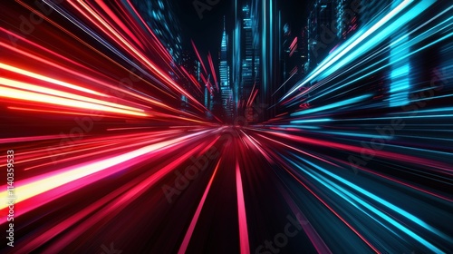 A vibrant, abstract representation of light trails in red and blue, creating a sense of speed and motion against a dark urban backdrop.