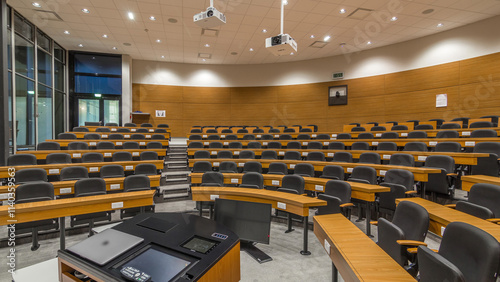 A wood panelled university lecture theatre or conference hall in business school timelapse.