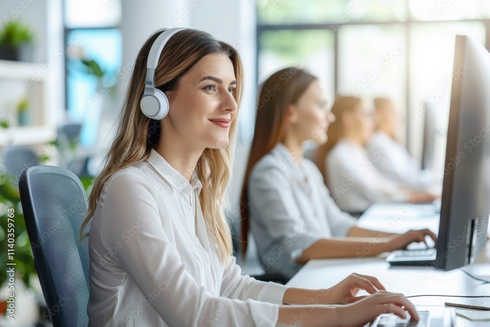Obraz premium A young woman with headphones smiles while working at a computer in a bright, modern office with colleagues in the background.
