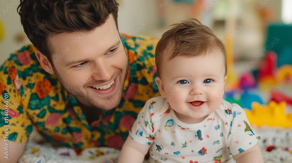 Joyful Father Bonding with His Baby on Soft Blanket in Colorful Room Joyful Father Bonding with His Baby on Soft Blanket in Colorful Room