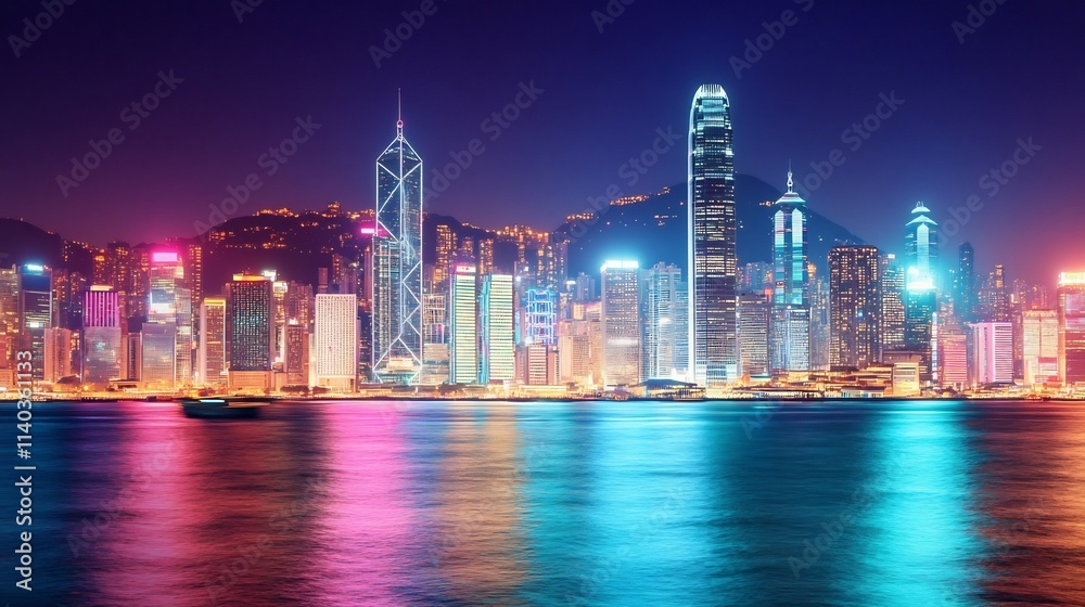 Fototapeta premium Captivating Nighttime Cityscape of Bustling Metropolis with Glowing Skyscrapers and Reflected Lights