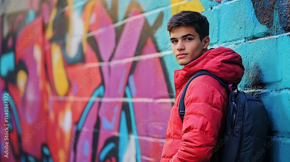Obraz premium Young male model posing confidently against a colorful graffiti wall