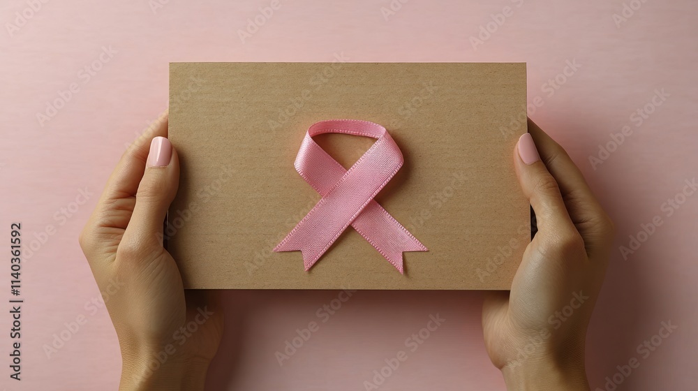 Pink ribbon on kraft card held by hands. Pink ribbon on kraft card held by hands.
