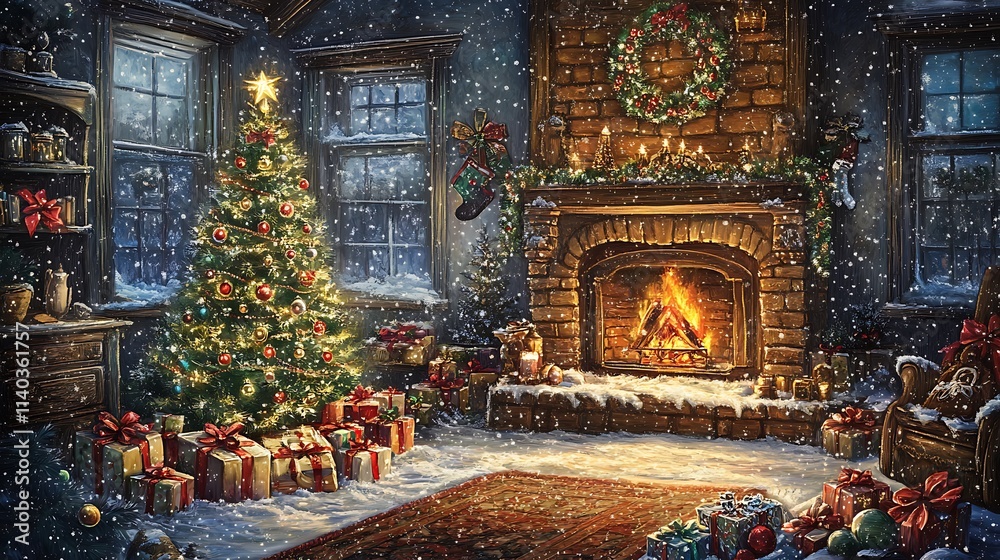 Fototapeta premium Winter Holiday Scene With Christmas Tree And Warm Fireplace