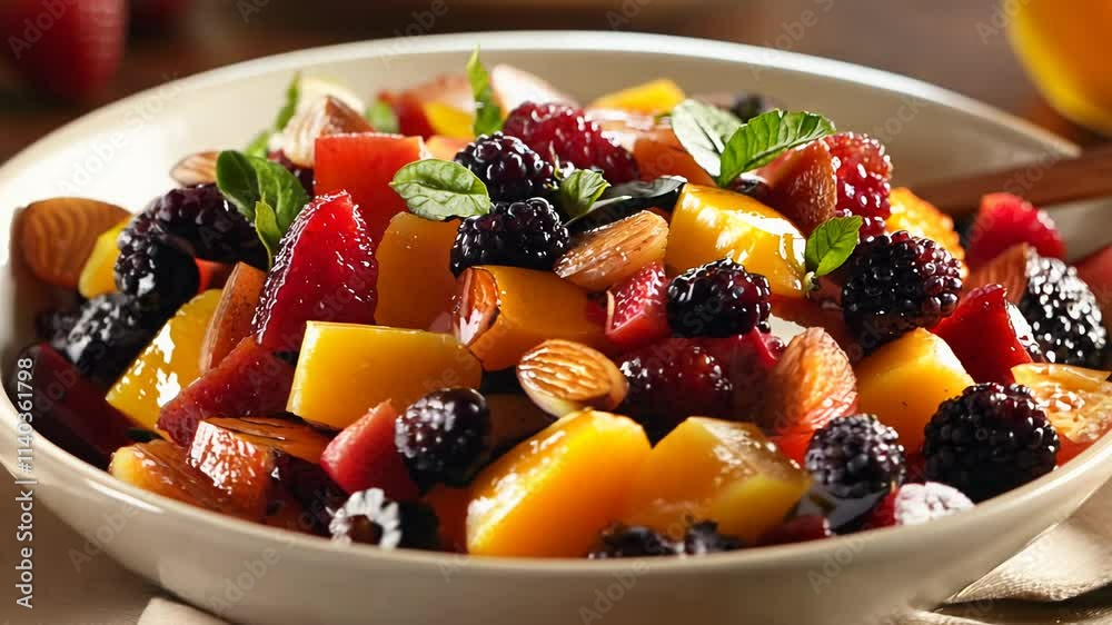A bowl of fruit salad, featuring fresh seasonal fruits, nuts, and a drizzle of honey, perfect for a refreshing iftar. Ramadan food