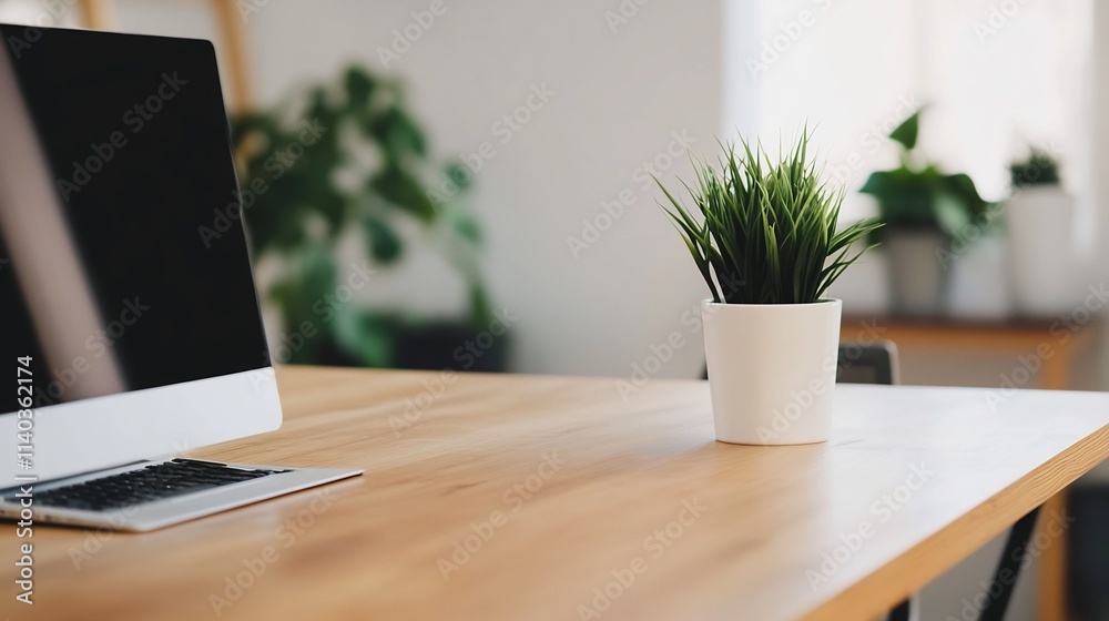 Minimalist Office Workspace with Laptop and Greenery Minimalist Office Workspace with Laptop and Greenery