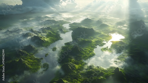 Aerial view of stunning green mountains and lakes.