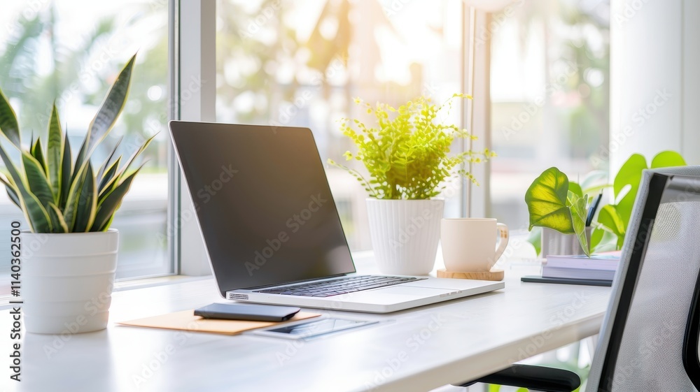 Fototapeta premium A modern workspace featuring a laptop, green plants, and a cup, illuminated by natural sunlight through large windows.