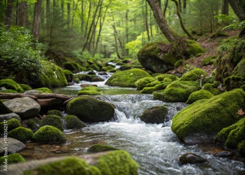 Creek water flow on rock in green moss. Cold creek flow in green forrest