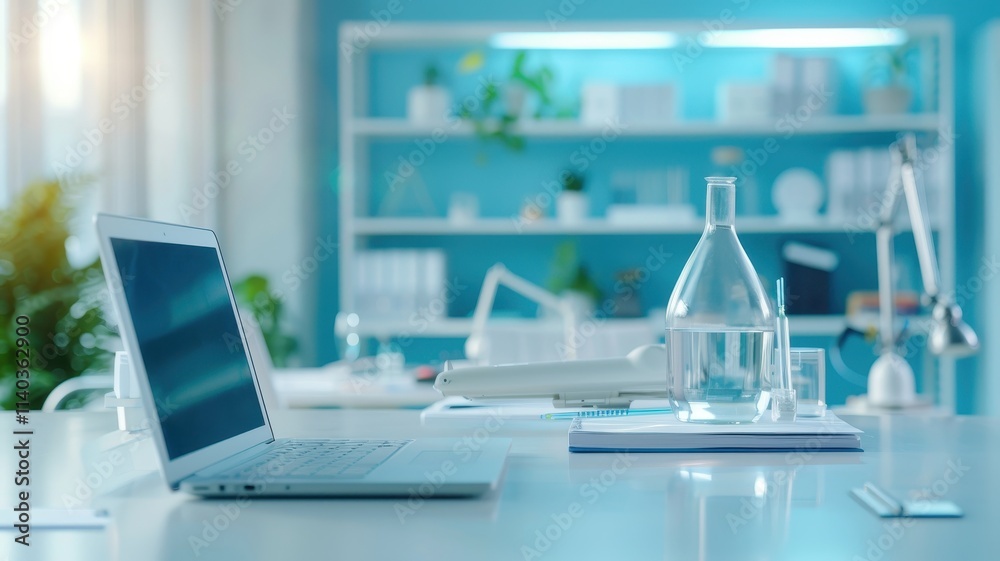 A modern office space featuring a laptop, a glass container, and a serene blue background, promoting a productive work atmosphere. A modern office space featuring a laptop, a glass container, and a serene blue background, promoting a productive work atmosphere.
