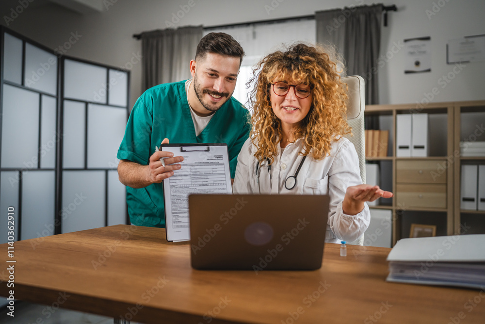 two colleagues man and woman doctors have video call in office two colleagues man and woman doctors have video call in office