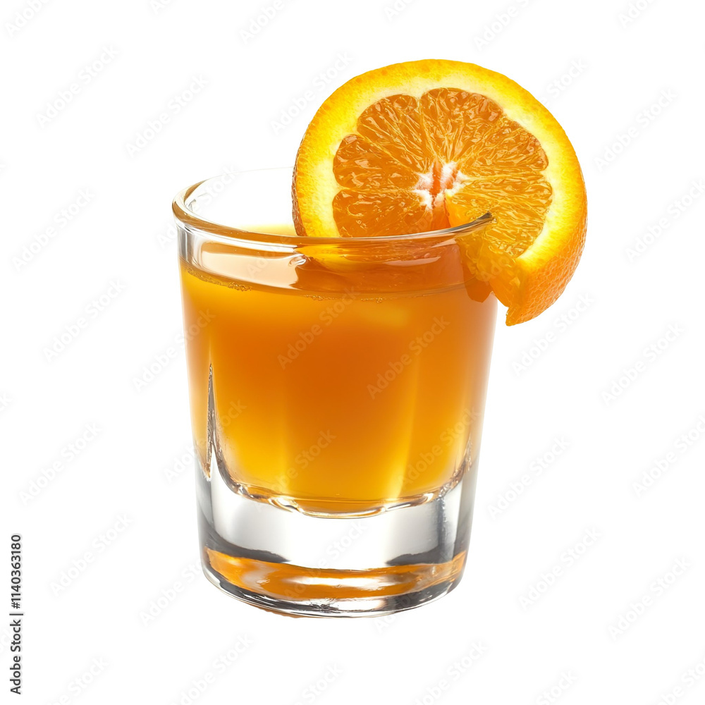 Extreme front view of a perfect looking Orange Liqueur Shot isolated on a white transparent background Extreme front view of a perfect looking Orange Liqueur Shot isolated on a white transparent background