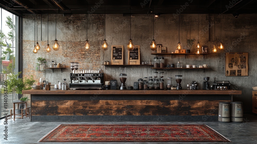 Industrial-chic coffee shop interior with rustic counter, exposed brick, and vintage lighting. Industrial-chic coffee shop interior with rustic counter, exposed brick, and vintage lighting.