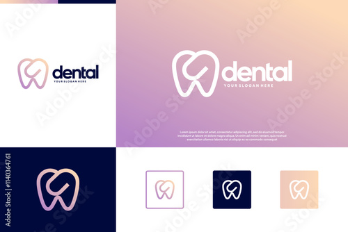 abstract dental logo with line art style, healthcare, doctor, graphic vector template.