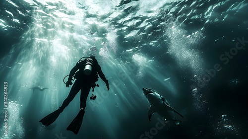 Exploring the ocean depths while encountering a shark at midday