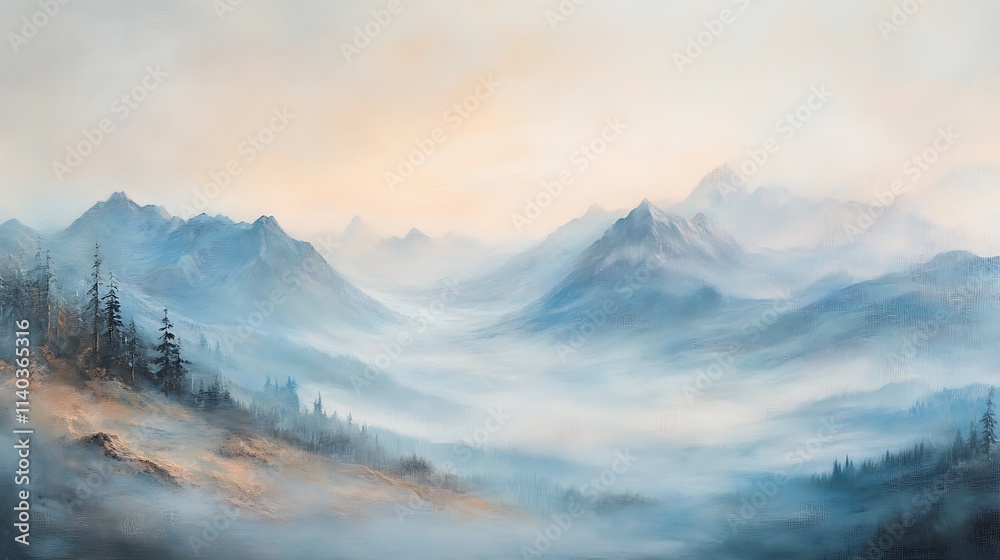 Fototapeta premium Hazy mountain landscape with fog, light pastels, spacious foreground for copy, peaceful and calming
