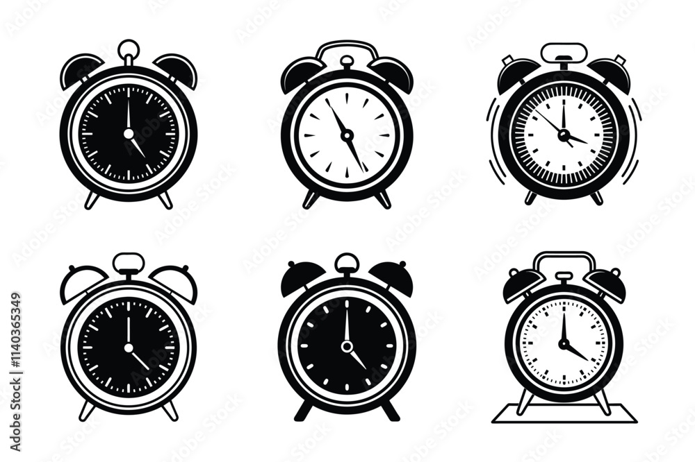 Black and white silhouette vector set of table alarm clocks, combining functionality with sleek design for time-focused art Black and white silhouette vector set of table alarm clocks, combining functionality with sleek design for time-focused art