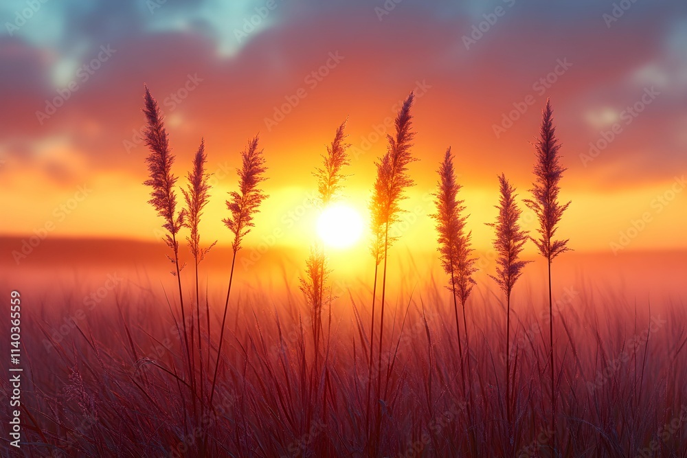Beautiful sunset over a tranquil field with tall grasses swaying gently in the wind Beautiful sunset over a tranquil field with tall grasses swaying gently in the wind