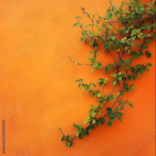 Climbing Green Plant Against Vibrant Orange Wall photo