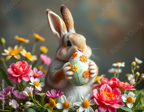 Bunny holding Easter egg in flowers.