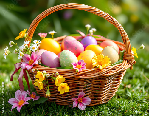 Easter eggs in wicker basket with flowers.