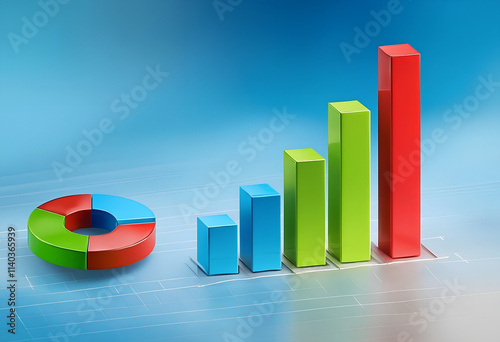 3d bar and pie chart data visualization on a gradient, colorful 3d graph and pie chart depicting business growth statistics, modern data analytics concept photo