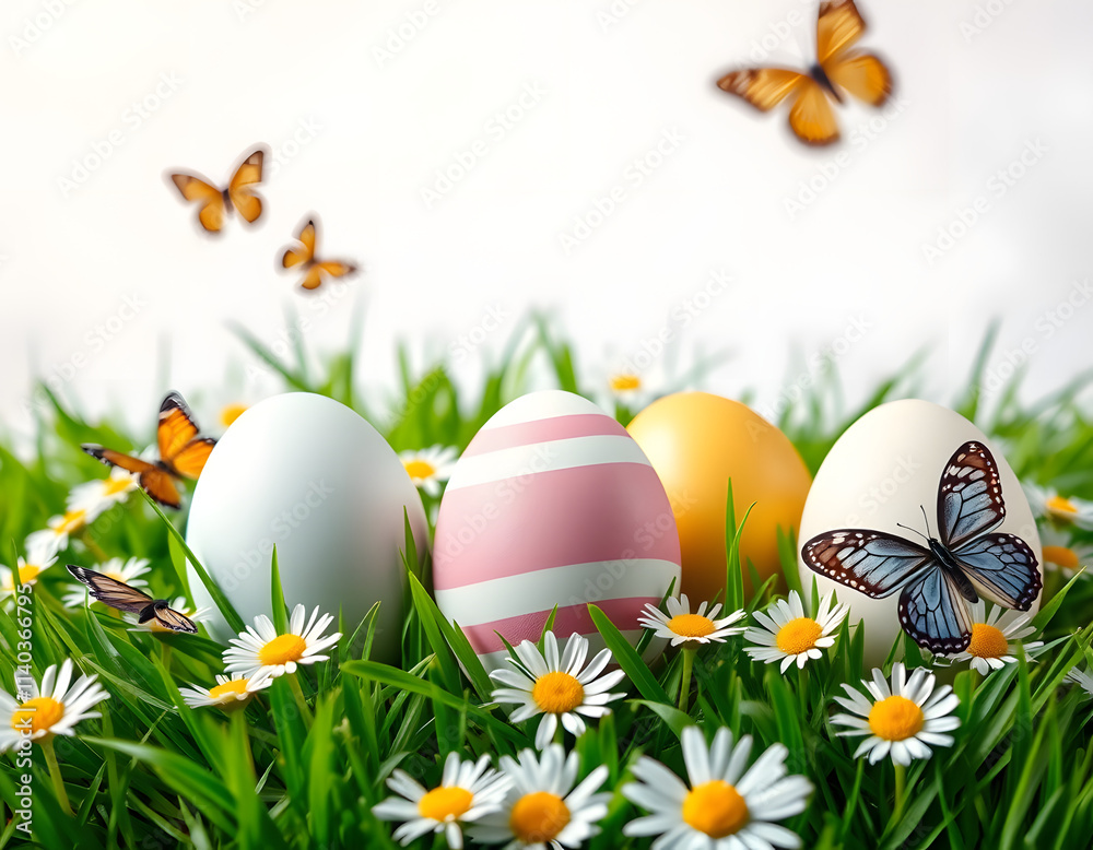 Easter eggs butterflies grass flowers.