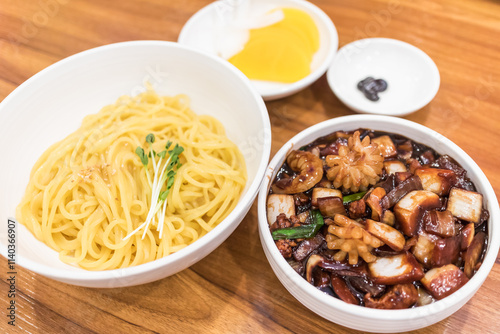 Korean-Chinese Black Bean Sauce Noodles (Gan Jjajang) with Stir-fried Vegetables and Meat Served Separately photo