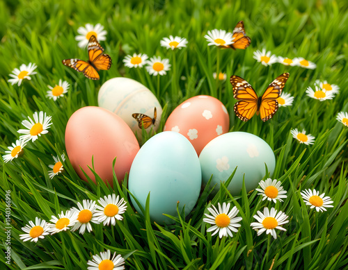 Easter eggs in grass with butterflies.