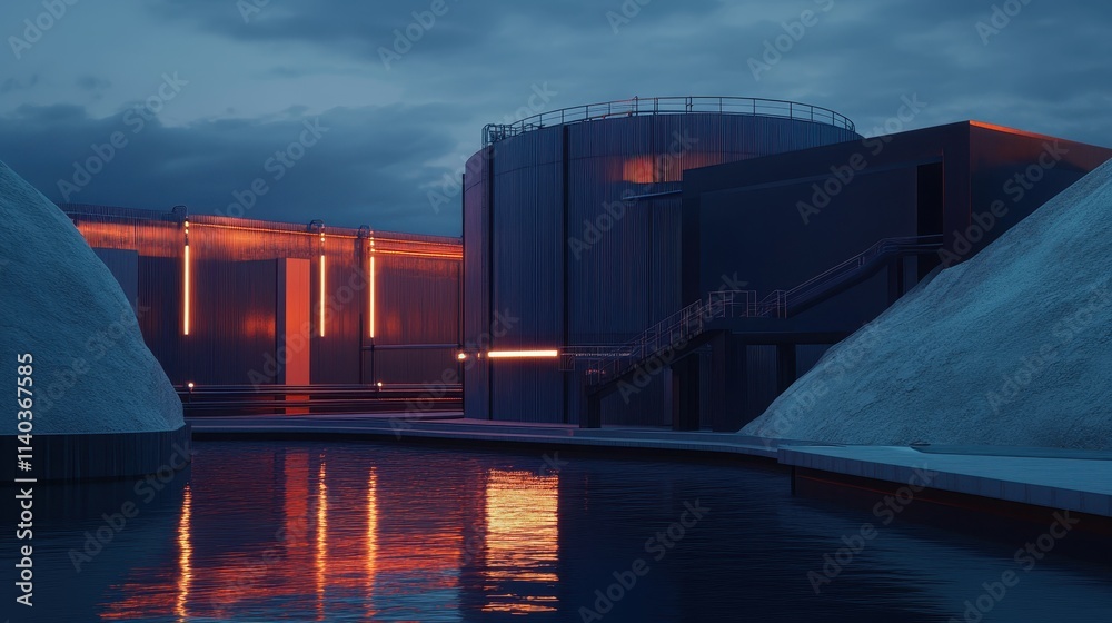 Fototapeta premium Modern facility by the water illuminated at night showcasing architecture and reflections