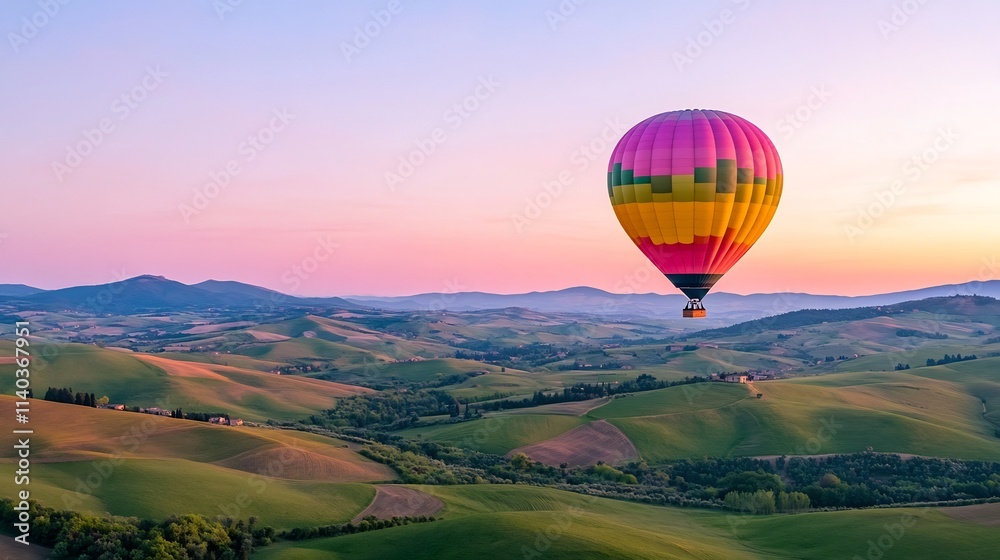 Fototapeta premium Vibrant Hot Air Balloon Floating Over Rolling Hills at Sunrise