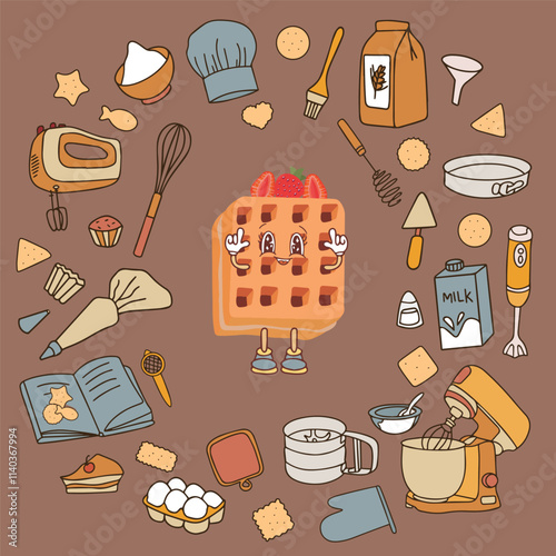 Hand drawn sketches of icons on the culinary theme - kitchen utensils, pastries. Fashionable banner for menu design, cookbooks and packaging. Background color 2025 Mocha Mouss