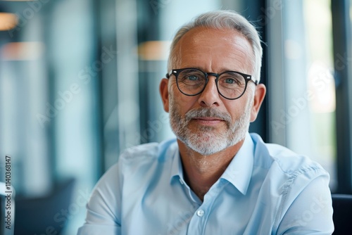 A thoughtful older man with glasses sits in a well-lit modern space, exuding confidence and wisdom.