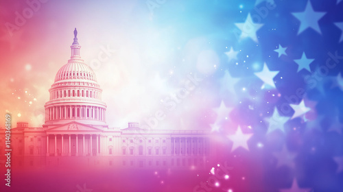 United States Capitol building with patriotic red, white, and blue background featuring glowing stars