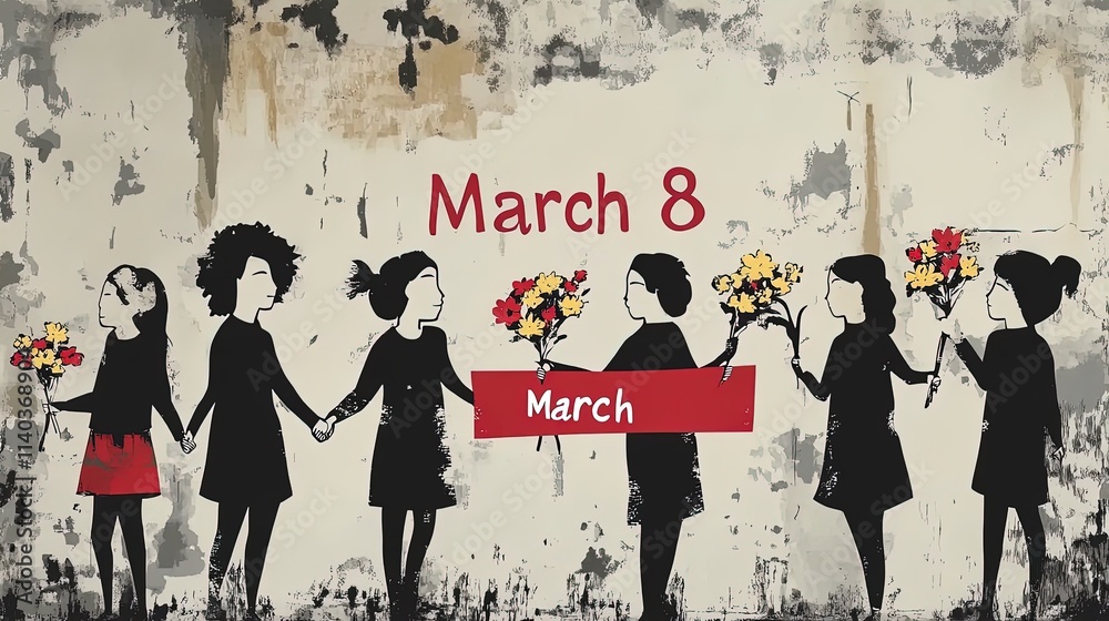 Obraz premium celebrate diversity: vibrant women's day poster featuring diverse cultures holding hands with flowers and a 'march 8' banner for inspiring sports interiors
