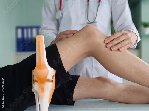 Canvas Print Examination of a knee joint with a model in a medical setting during a consultat