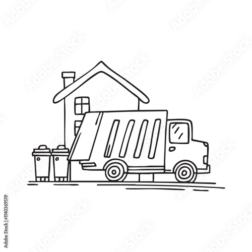 Doodle illustration of a garbage truck collecting trash bins on a residential street