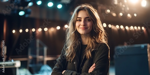 British female musician standing proudly in front of a stage, ready for concert photo