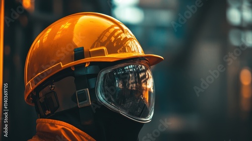 Construction worker with safety helmet and ear protection on job site in urban area during cloudy day photo