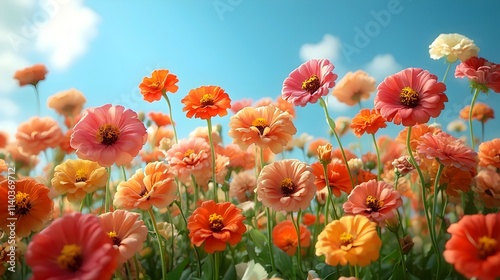 A field of flowers with a blue sky in the background