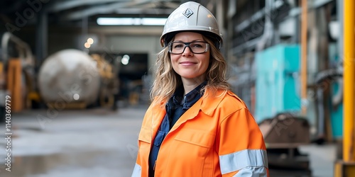 Portrait of a female health and safety officer standing in an industrial setting, smiling, with copy space
