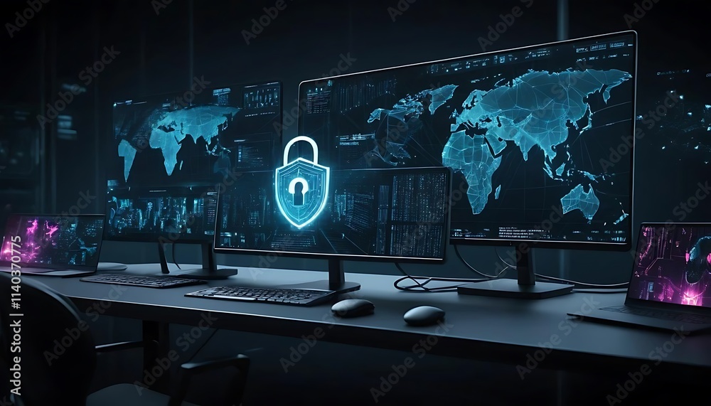 Fototapeta premium Global Cybersecurity: Network Security Monitors Displaying Data Protection