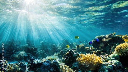 Wallpaper Mural A vibrant underwater scene featuring colorful corals and tropical fish in clear blue waters, illuminated by sun rays from the surface. Torontodigital.ca