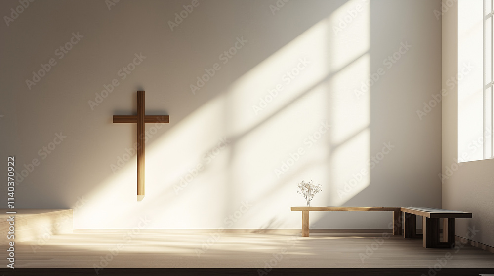 Naklejka premium Minimalist church interior with wooden cross, sunlight streaming through window, and simple bench
