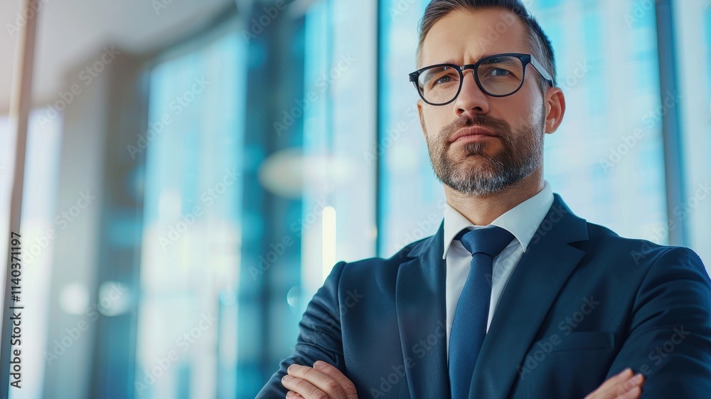 A professional man in a suit and glasses stands confidently, exuding authority in a modern office environment with large windows. A professional man in a suit and glasses stands confidently, exuding authority in a modern office environment with large windows.