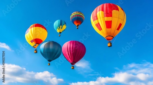 Colorful hot air balloons soar in a vibrant blue sky.